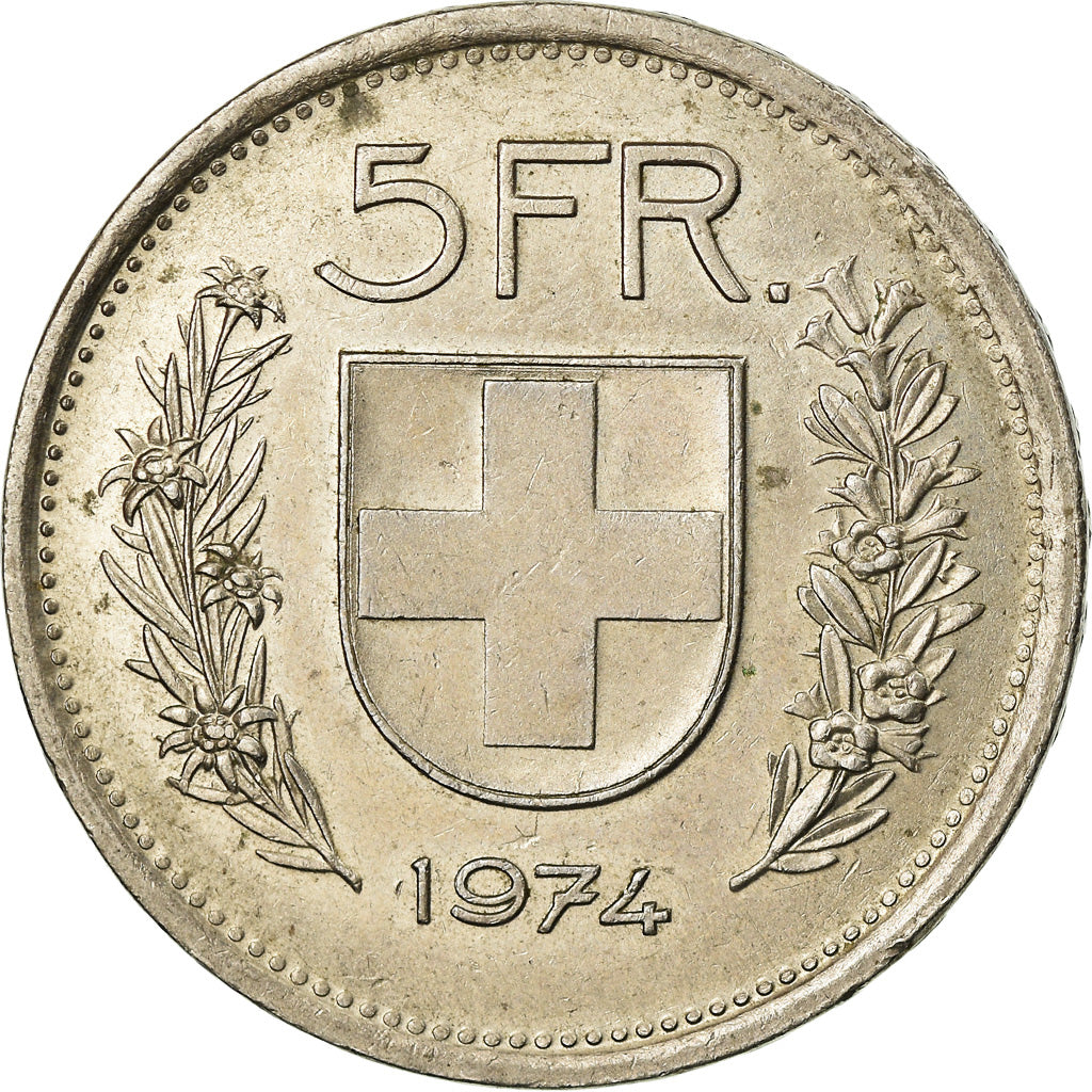 Coin, Switzerland, 5 Francs, 1974, Bern, EF(40-45), Copper-nickel, KM:40a.1