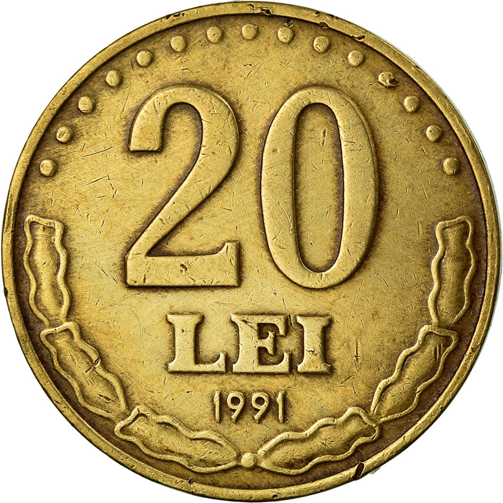 Coin, Romania, 20 Lei, 1991, AU(50-53), Brass Clad Steel, KM:109