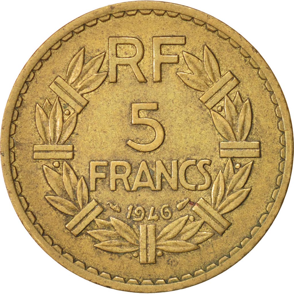 France, Lavrillier, 5 Francs, 1946, , EF(40-45), Aluminum-Bronz...