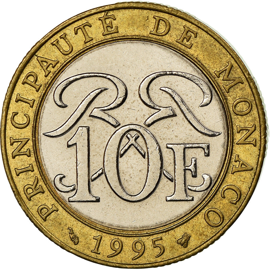 Moeda, Mónaco, Rainier III, 10 Francs, 1995, EF(40-45), Bimetálico, KM:163