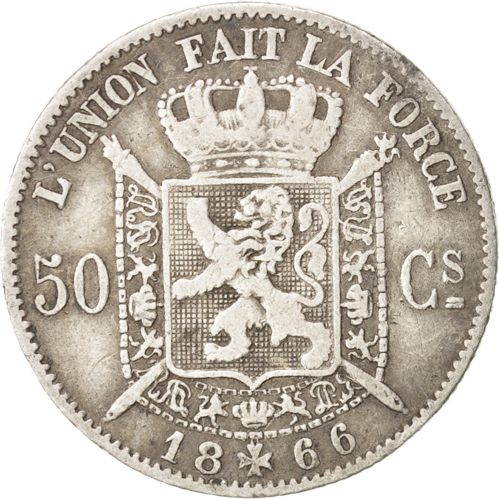 Belgio, Leopold II, 50 Centimes, 1866, MB+, Argento, KM:26