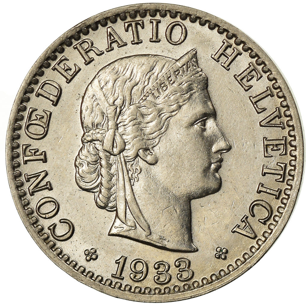 Coin, Switzerland, 20 Rappen, 1933, Bern, AU(55-58), Nickel, KM:29