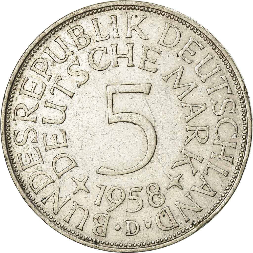 Coin, GERMANY - FEDERAL REPUBLIC, 5 Mark, 1958, Munich, EF(40-45), Silver