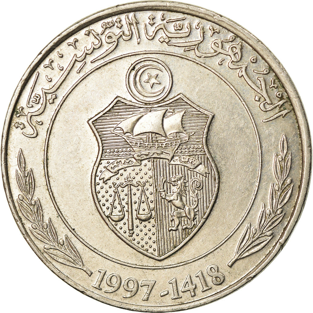 Münze, Tunesien, Dinar, 1997/AH1418, SS+, Copper-nickel, KM:347