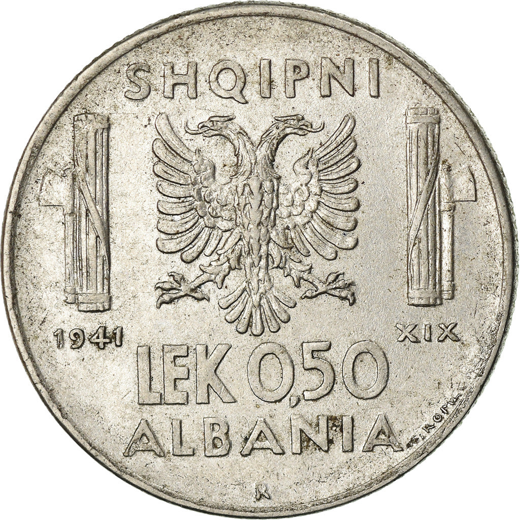 Coin, Albania, Vittorio Emanuele III, 0.50 Lek, 1941, Rome, EF(40-45), Stainless