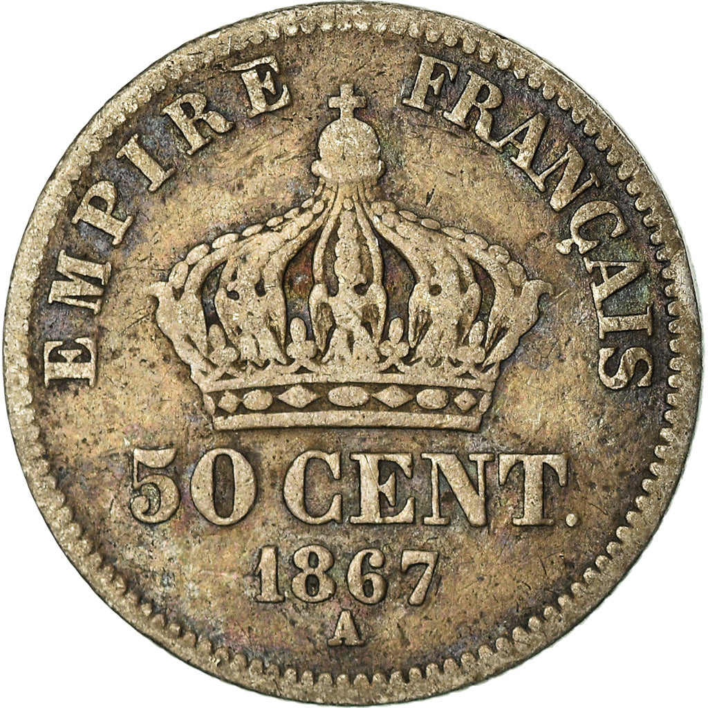 Moneda, Francia, Napoleon III, Napoléon III, 50 Centimes, 1867, Paris, BC+