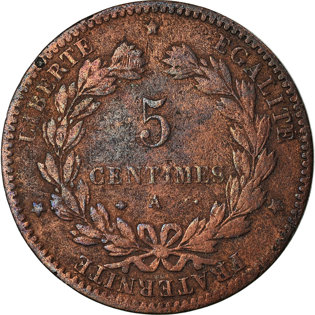 Francia, Cérès, 5 Centimes, 1872, Paris, grand A, MB, Bronzo, KM:821.1