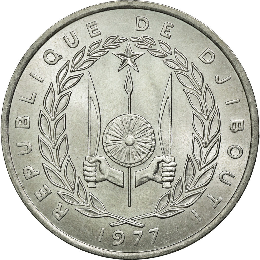 Coin, Djibouti, 5 Francs, 1977, Paris, AU(55-58), Aluminum, KM:22