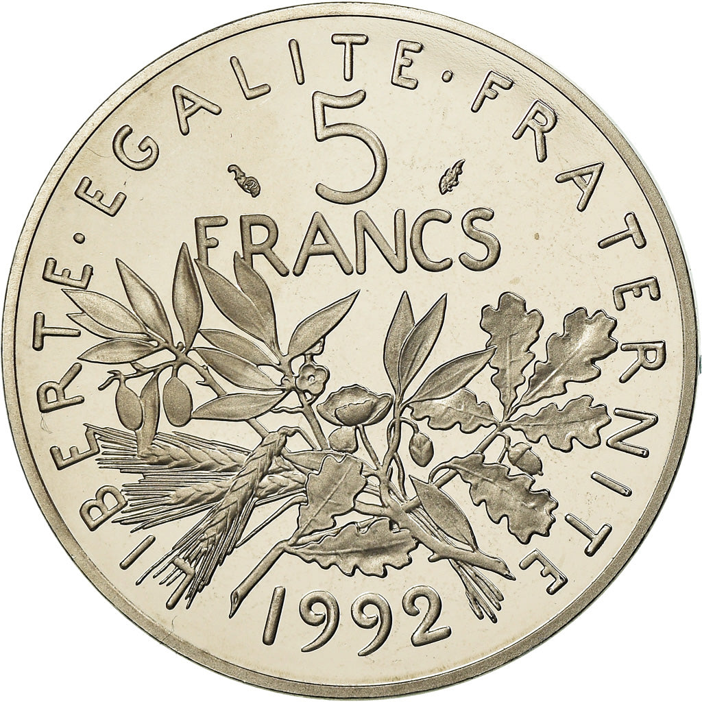 Moeda, França, Semeuse, 5 Francs, 1992, Paris, BE, MS(65-70), Cobre-Níquel