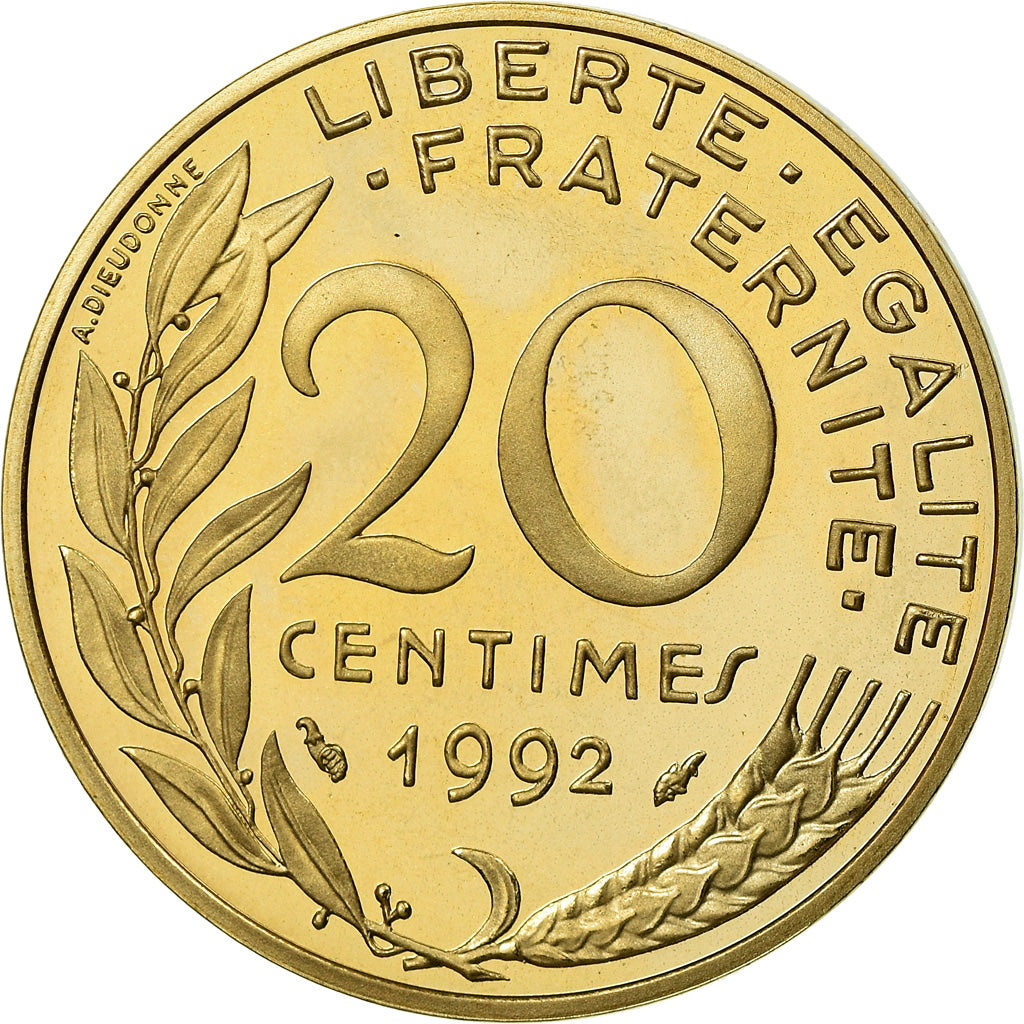 Moeda, França, Marianne, 20 Centimes, 1992, Paris, Proof, MS(65-70)