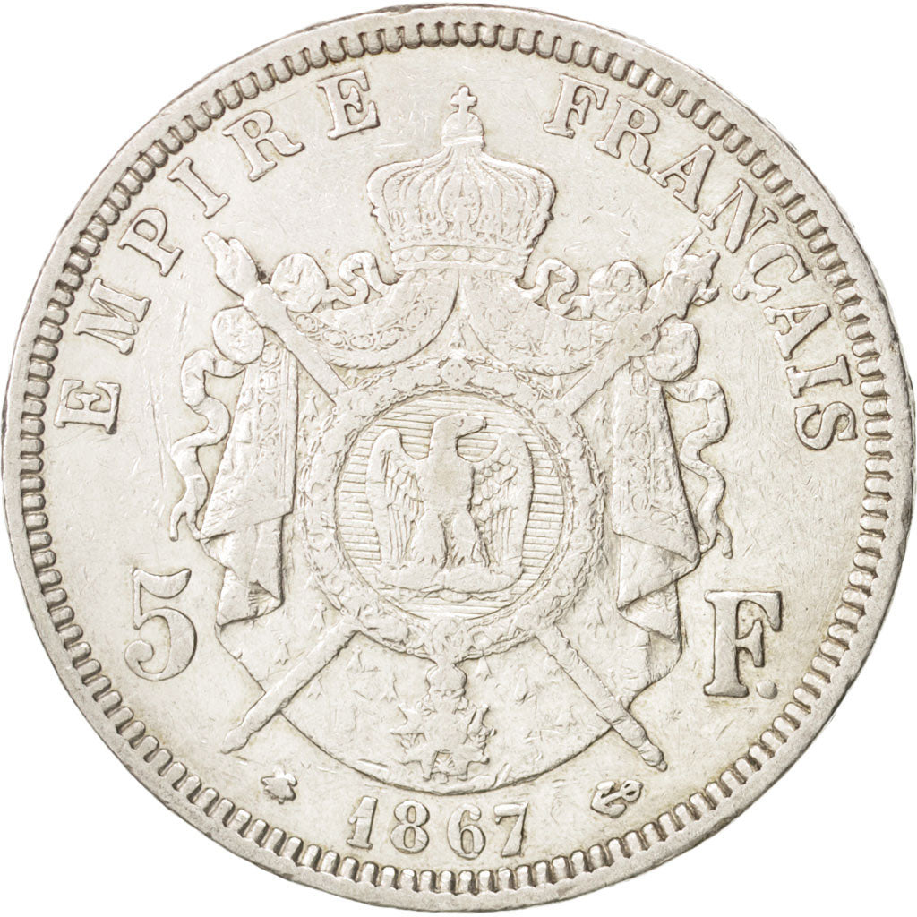 France, Napoleon III,5 Francs,1867,Paris,AU(50-53),Silver,KM799.1