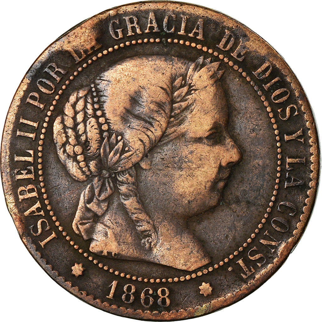 Munten, Spanje, Isabel II, 2-1/2 Centimos, 1868, Sevilla, FR+, Koper, KM:634.5