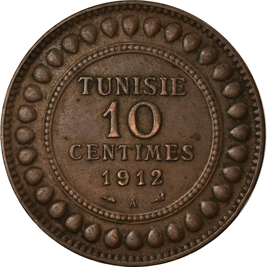 Moeda, Tunísia, Muhammad al-Nasir Bey, 10 Centimes, 1912, Paris, EF(40-45)