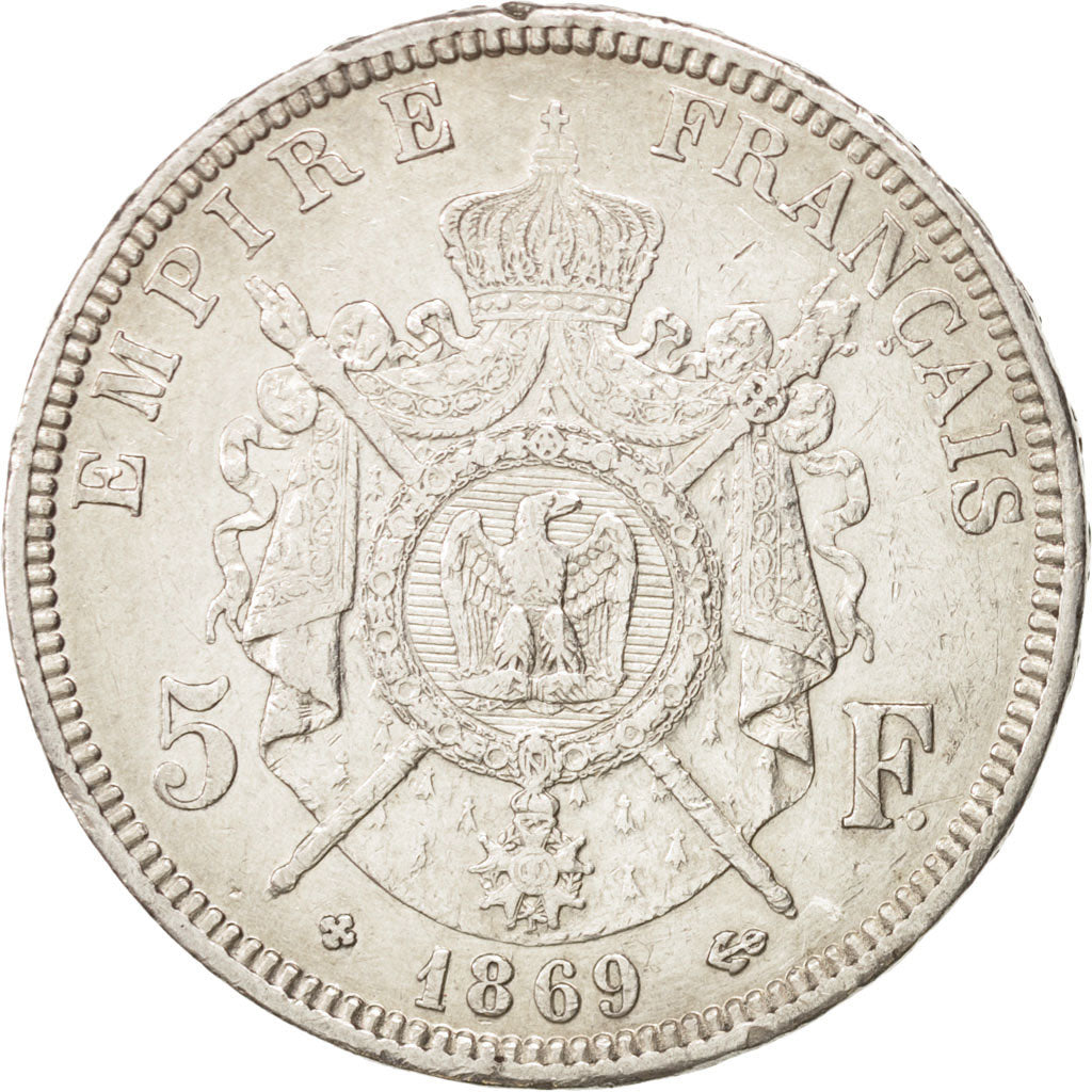 France, Napoléon III, 5 Francs, 1869, Strasbourg, AU(50-53), Silver, KM:799.2