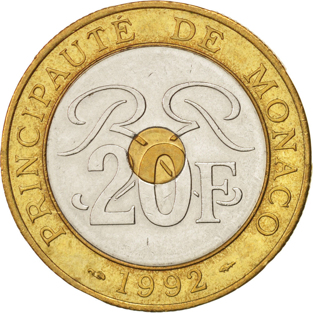 Monaco, Rainier III, 20 Francs, 1992, AU(50-53), Tri-Metallic, KM:165