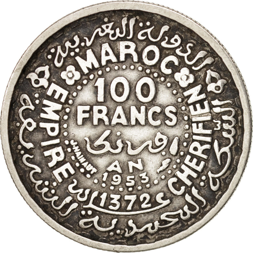 Morocco, Mohammed V, 100 Francs, 1953, Paris, EF(40-45), Silver, KM:52
