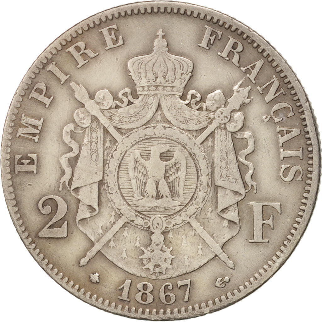 France, Napoleon III,2 Francs, 1867,Paris, VF(30-35),Silver KM 807.1,Gadoury 527