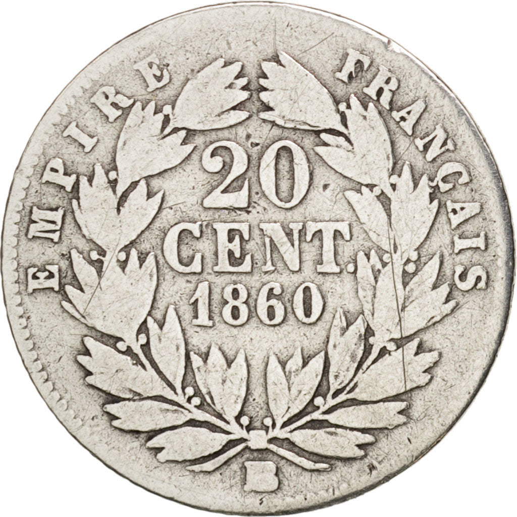 France, Napoleon III,20 Centimes,1860, Strasbourg, B+,KM 778.2,Gadoury 305