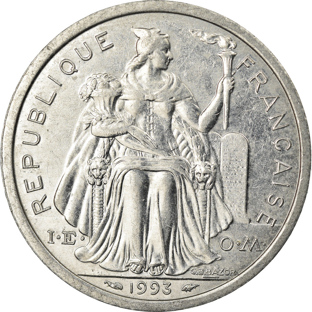 Moeda, Polinésia Francesa, 2 Francs, 1993, Paris, AU(50-53), Alumínio, KM:10