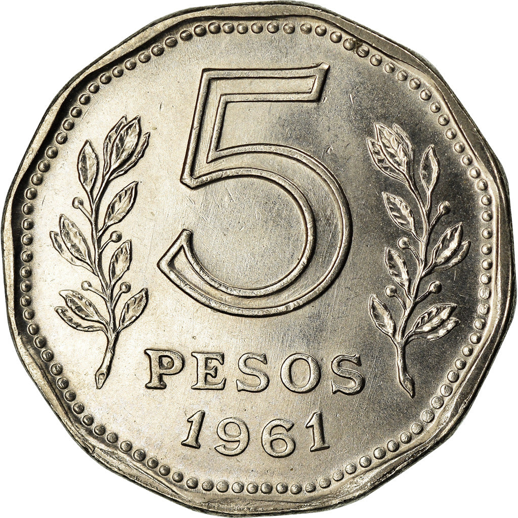 Coin, Argentina, 5 Pesos, 1961, AU(55-58), Nickel Clad Steel, KM:59