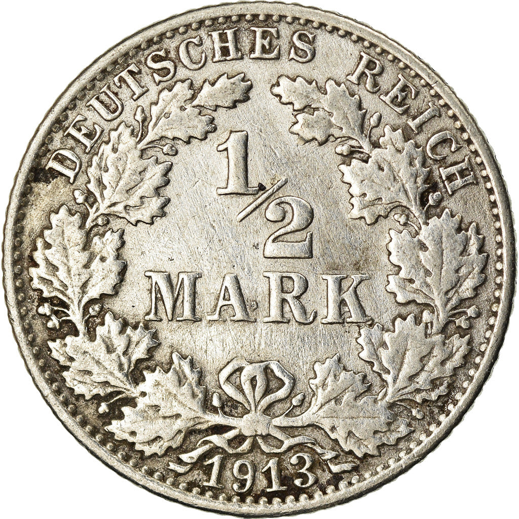 Coin, GERMANY - EMPIRE, 1/2 Mark, 1913, Stuttgart, EF(40-45), Silver, KM:17