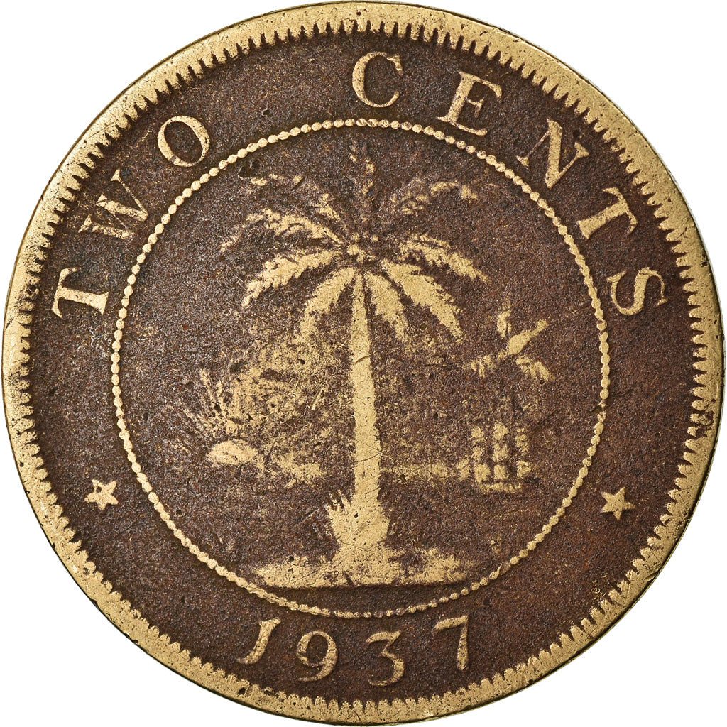Coin, Liberia, 2 Cents, 1937, VF(30-35), Brass, KM:12