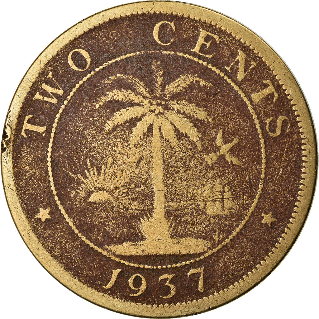 Coin, Liberia, 2 Cents, 1937, VF(20-25), Brass, KM:12