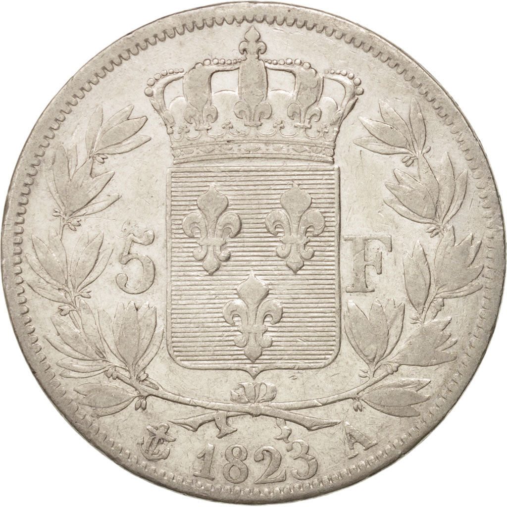 France,Louis XVIII,5 Francs,1823, Paris, VF(30-35),Silver,KM 711.1,Gadoury 614