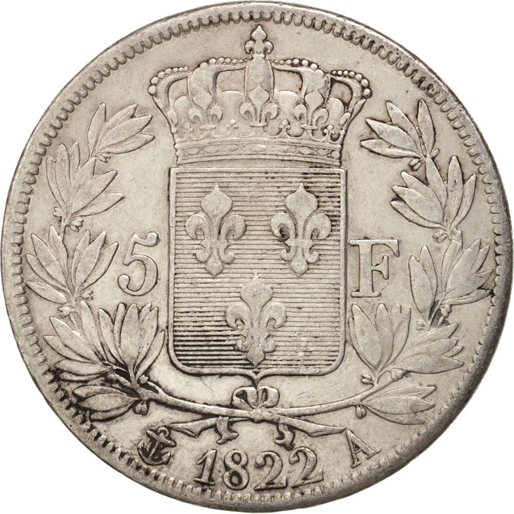 France, Louis XVIII,5 Francs,1822,Paris,EF(40-45),Silver, KM 711.1,Gadoury 614