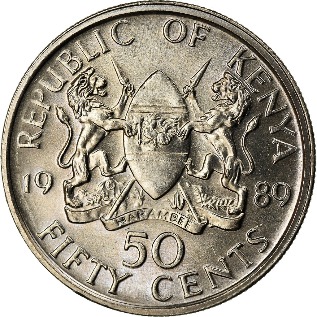 Coin, Kenya, 50 Cents, 1989, British Royal Mint, MS(63), Copper-nickel, KM:19