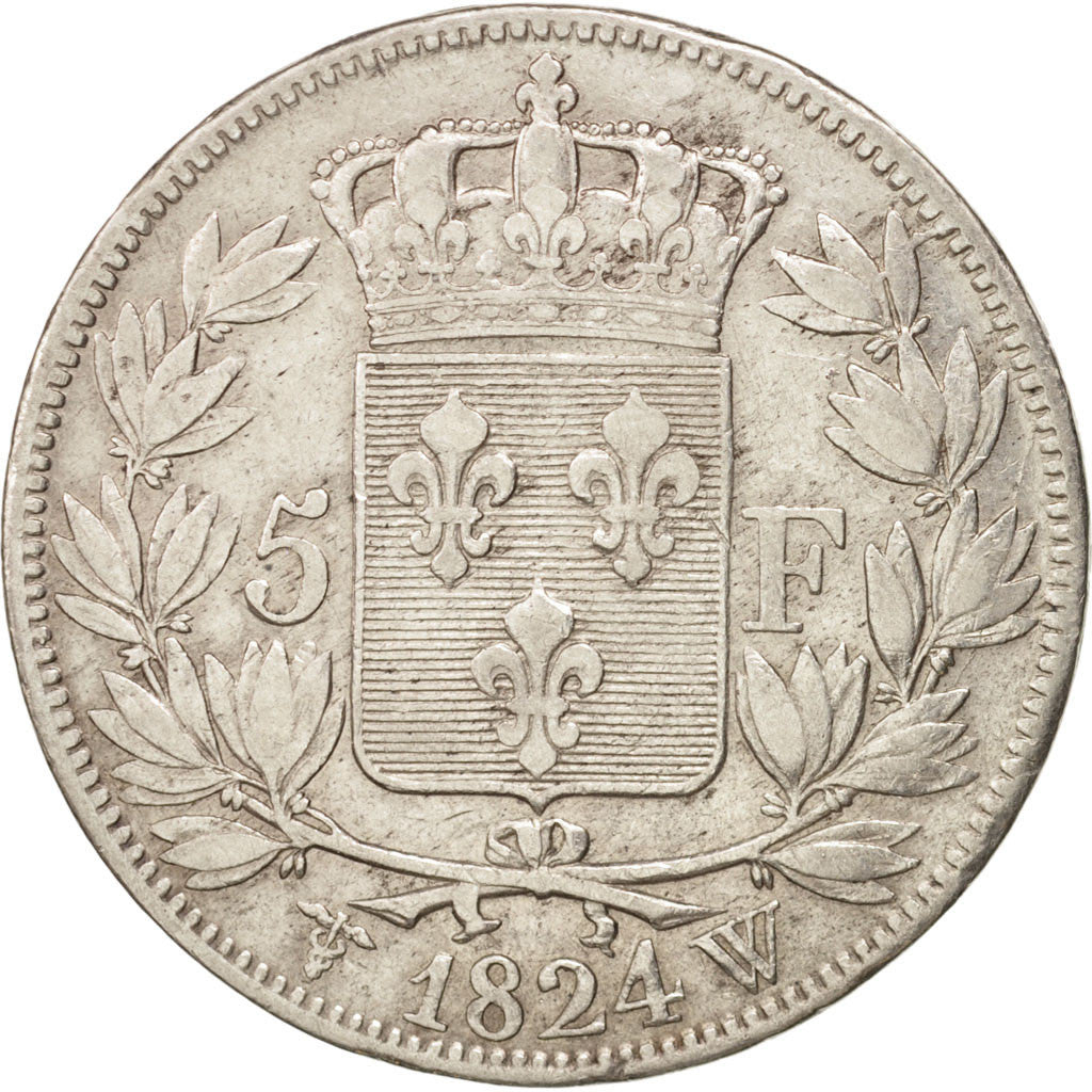 France, Louis XVIII,5 Francs,1824, Lille,VF(30-35),Silver,KM 711.13,Gadoury 614