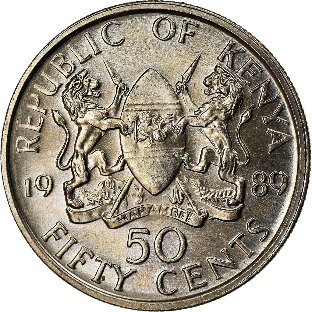 Moneda, Kenia, 50 Cents, 1989, British Royal Mint, MBC+, Cobre - níquel, KM:19
