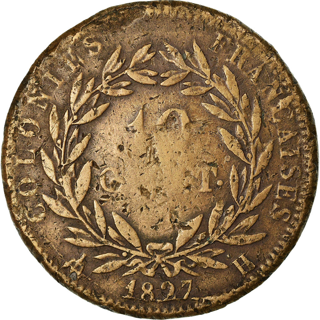 Coin, FRENCH COLONIES, Charles X, 10 Centimes, 1827, La Rochelle, VF(20-25)