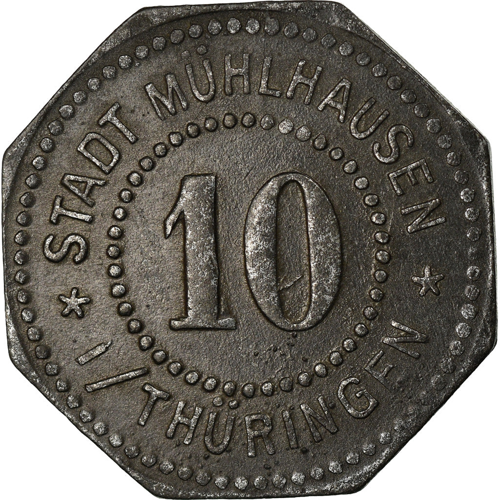 Moeda, Alemanha, Kleingeldersatzmarke, Mühlhausen, 10 Pfennig, 1917, AU(50-53)