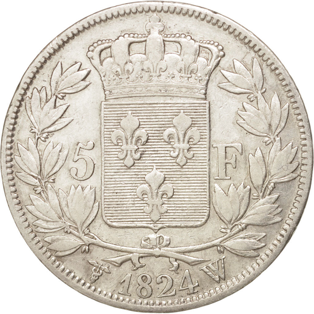 France, Louis XVIII,5 Francs,1824, Lille,VF(30-35),Silver,KM 711.13,Gadoury 614