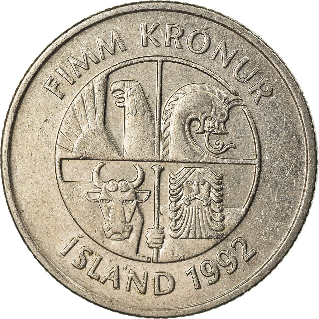 Coin, Iceland, 5 Kronur, 1992, EF(40-45), Copper-nickel, KM:28