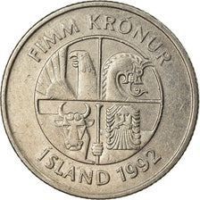 Coin, Iceland, 5 Kronur, 1992, EF(40-45), Copper-nickel, KM:28