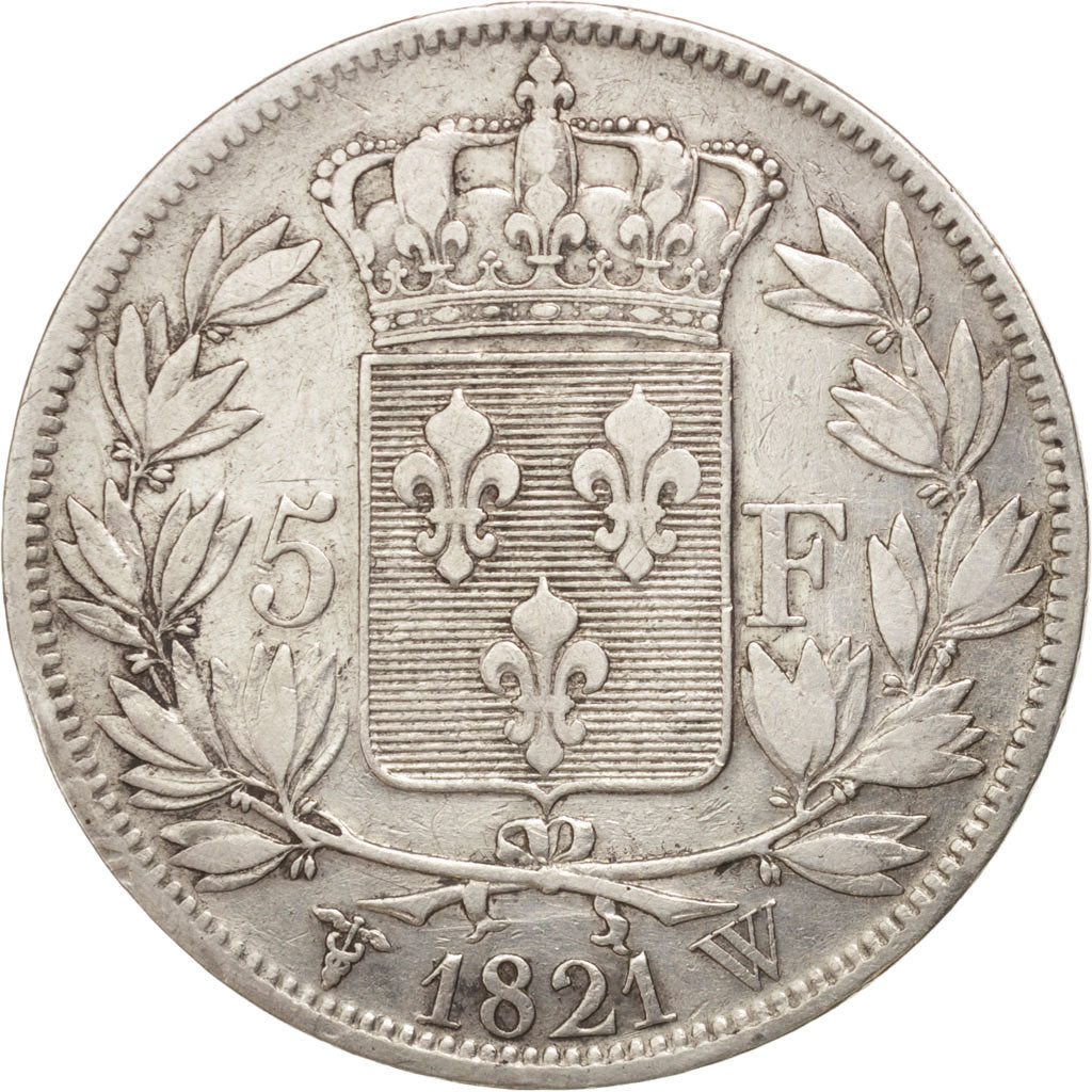France, Louis XVIII, 5 Francs,1821,Lille,VF(30-35),Silver, KM 711.1,Gadoury 614
