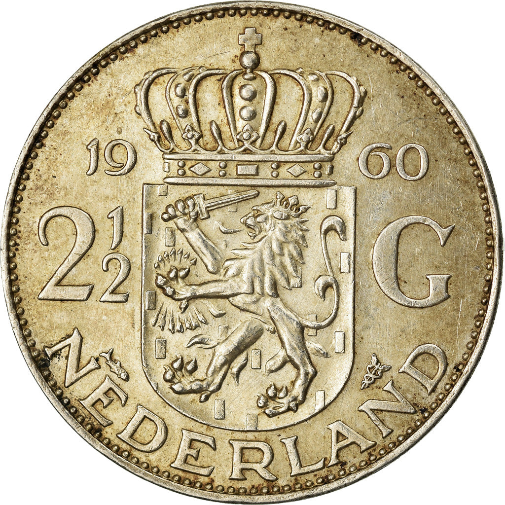 Coin, Netherlands, Juliana, 2-1/2 Gulden, 1960, EF(40-45), Silver, KM:185