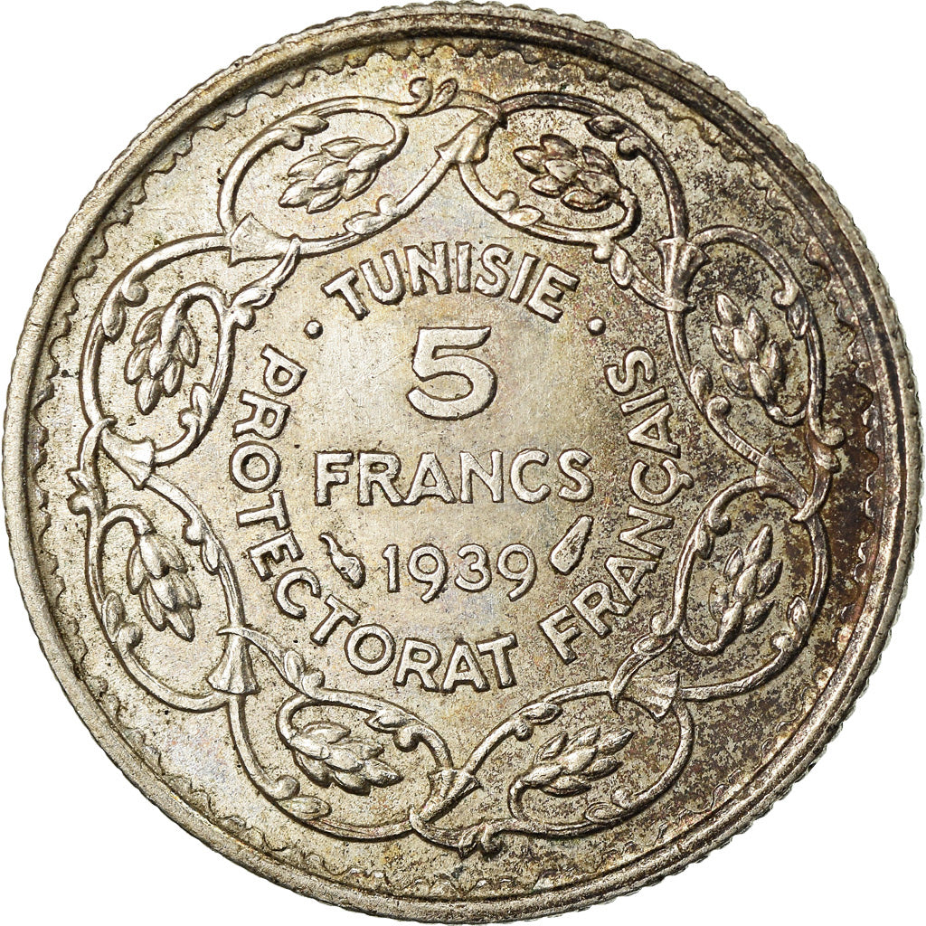 Münze, Tunesien, Ahmad Pasha Bey, 5 Francs, 1939, Paris, SS, Silber, KM:264