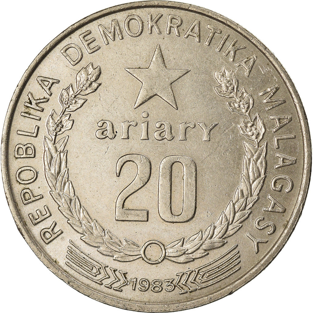 Moeda, Madagáscar, 20 Ariary, 1983, AU(50-53), Cobre-níquel, KM:14b