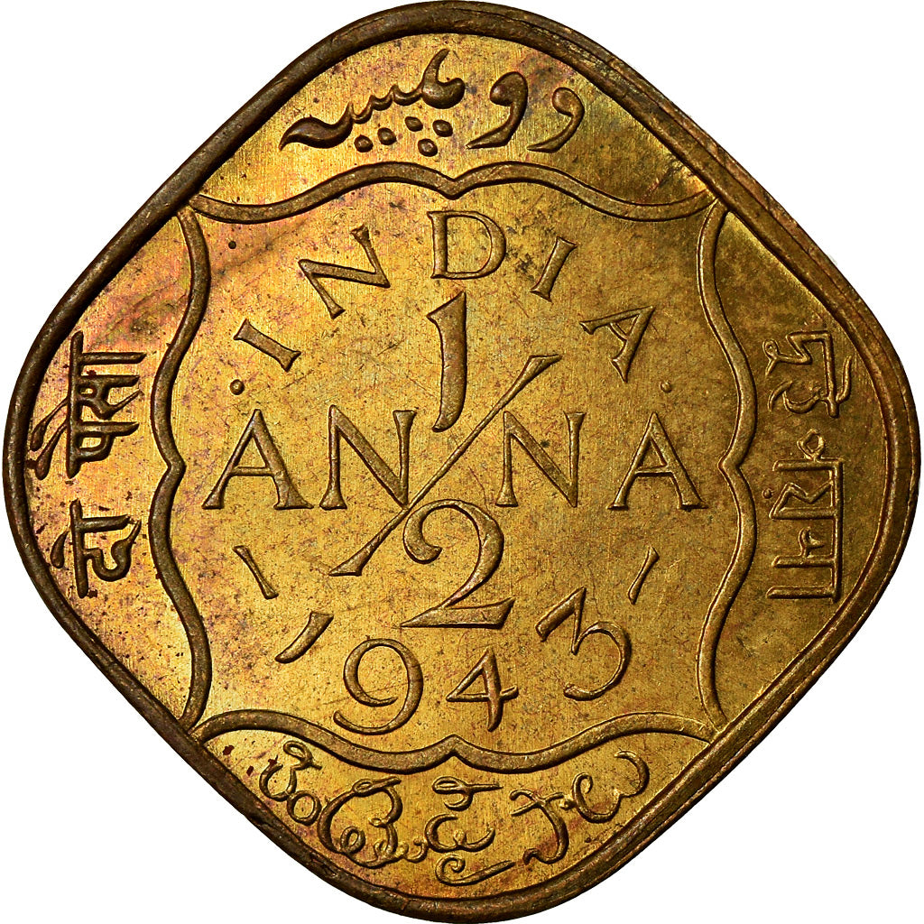 Monnaie, INDIA-BRITISH, George VI, 1/2 Anna, 1943, Bombay, TTB, Nickel-brass