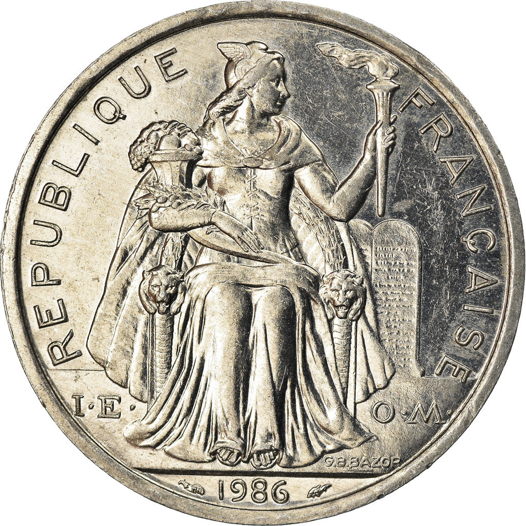 Moeda, Polinésia Francesa, 5 Francs, 1986, Paris, AU(50-53), Alumínio, KM:12