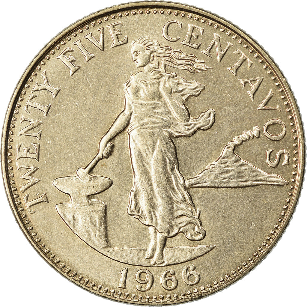 Coin, Philippines, 25 Centavos, 1966, AU(50-53), Copper-Nickel-Zinc, KM:189.2