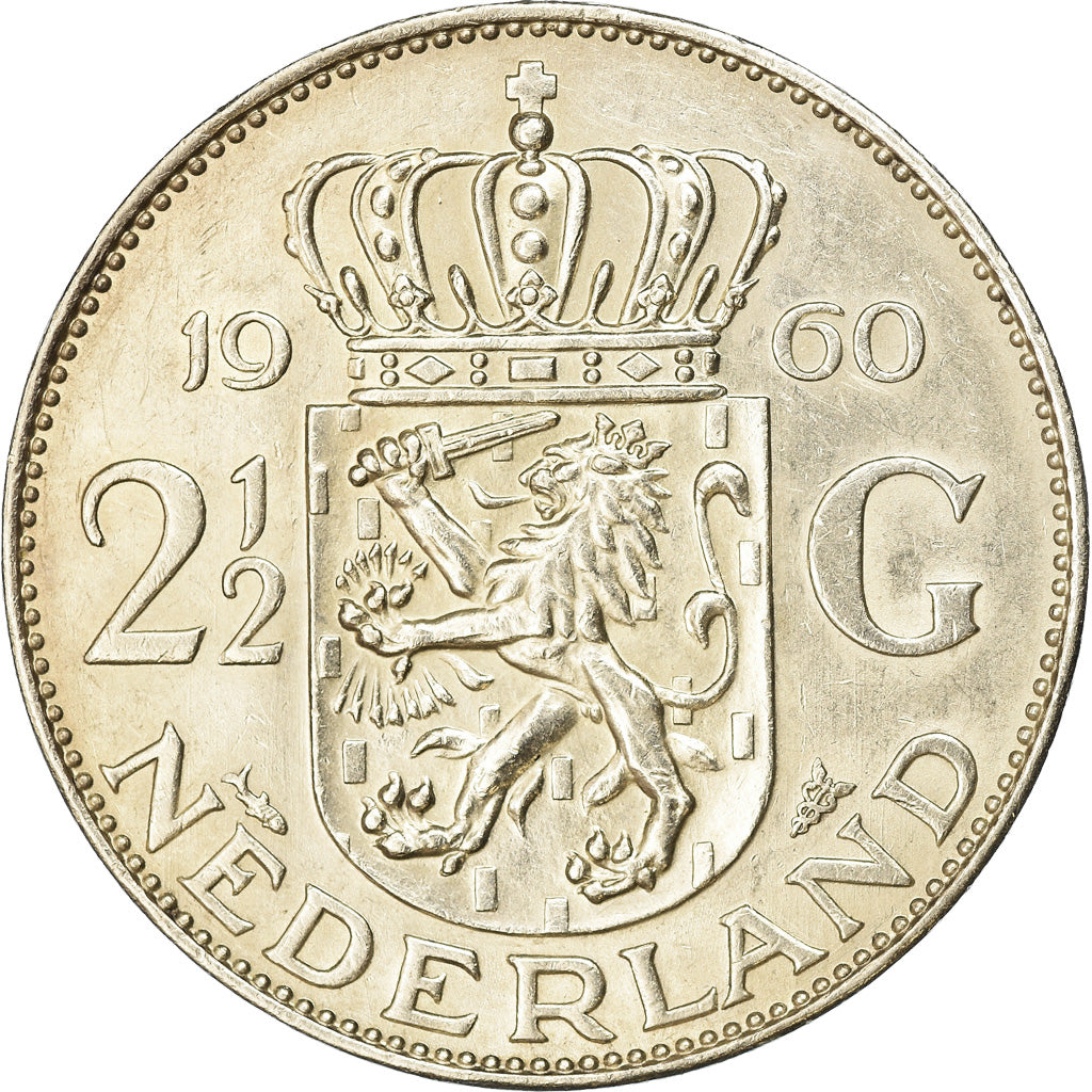 Coin, Netherlands, Juliana, 2-1/2 Gulden, 1960, AU(50-53), Silver, KM:185
