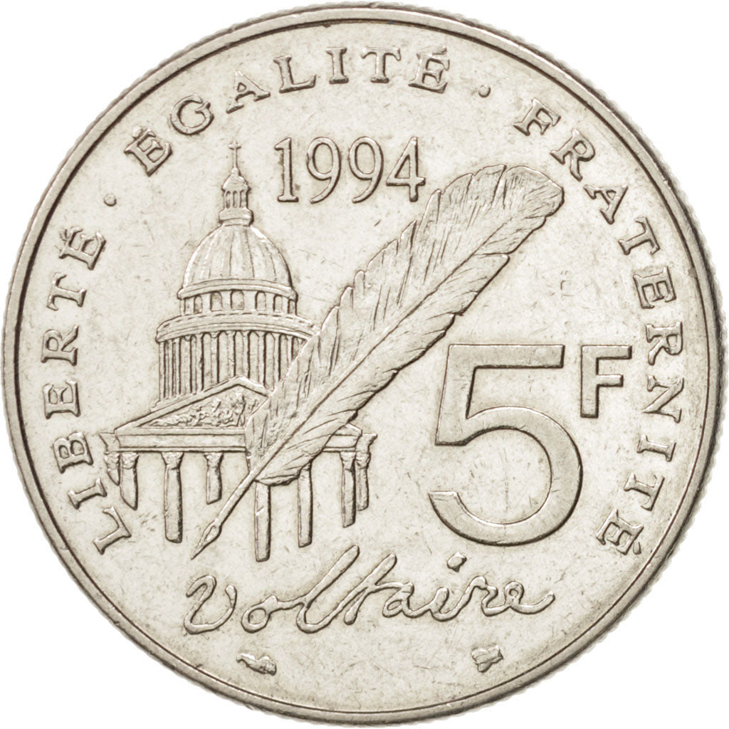 France, Voltaire, 5 Francs, 1994, Paris, AU(50-53), Nickel, KM:1063, Gadoury:775