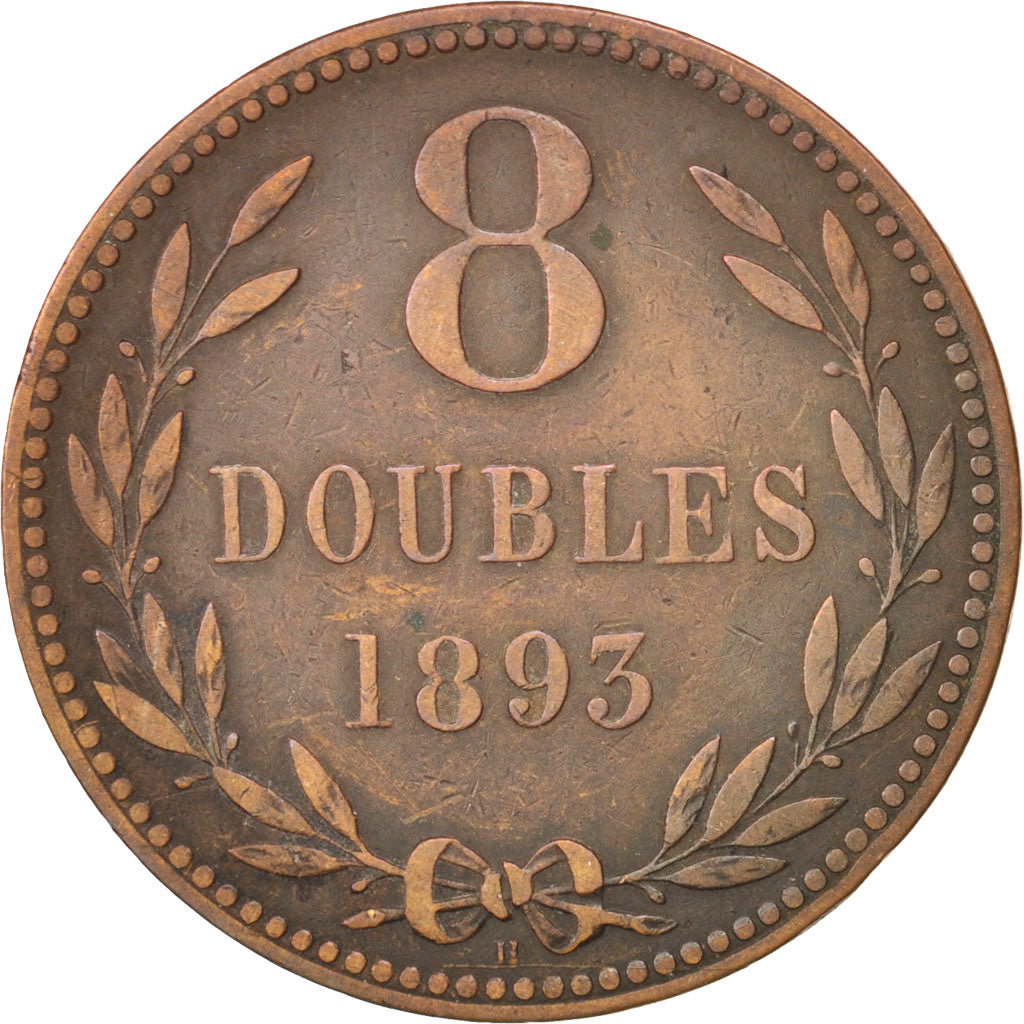 Guernsey, 8 Doubles, 1893, Heaton, Birmingham, EF(40-45), Bronze, KM:7