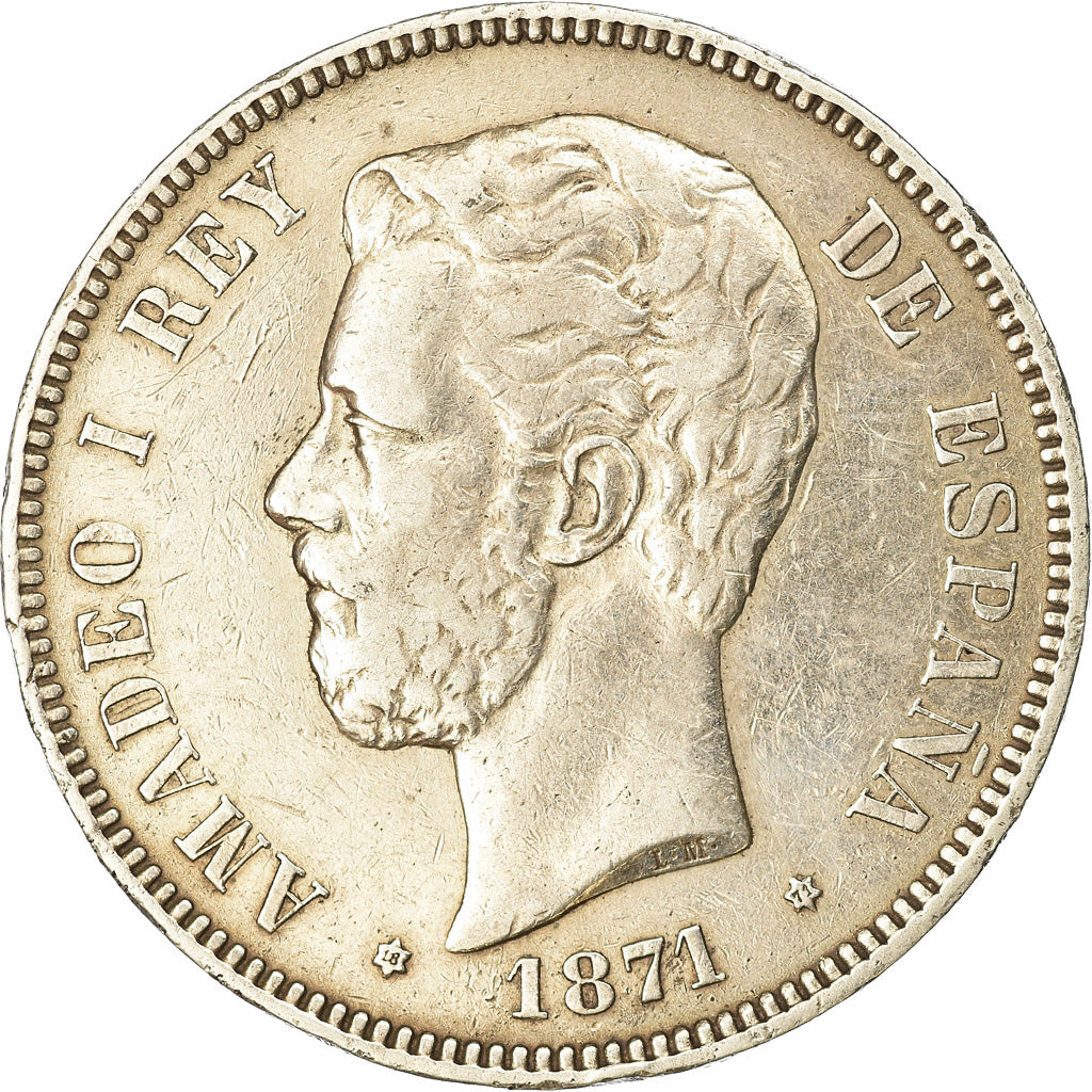 Coin, Spain, Amadeao I, 5 Pesetas, 1871, Madrid, EF(40-45), Silver, KM:666