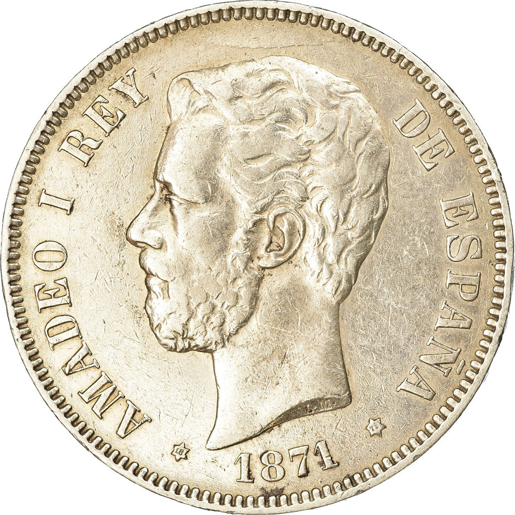 Munten, Spanje, Amadeao I, 5 Pesetas, 1871, Madrid, ZF, Zilver, KM:666