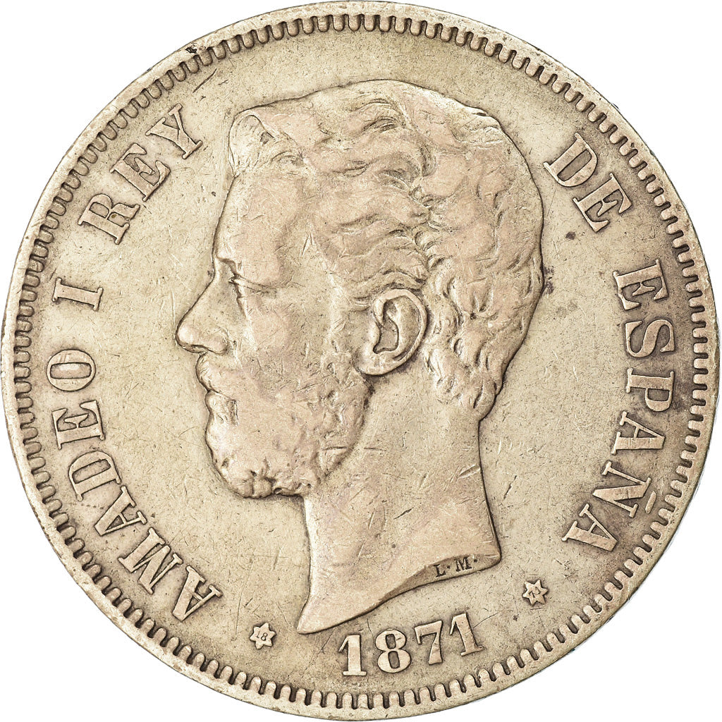 Coin, Spain, Amadeao I, 5 Pesetas, 1871, Madrid, VF(30-35), Silver, KM:666